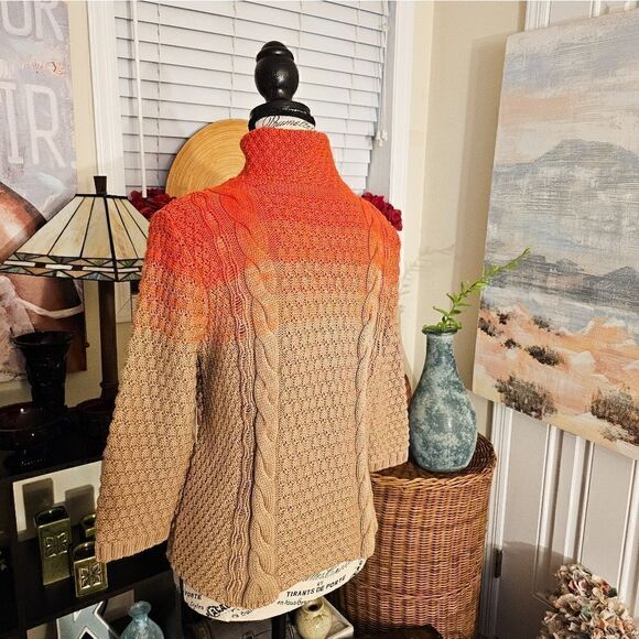 New Rachel Rachel Roy Orange/ Tan Ombra Thick Cable Knit Zipper Front Sweater. - Picture 7 of 15
